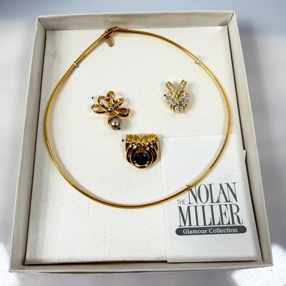 Nolan Miller Glamour Collection Gold Tone Omega Necklace 3 Slide Pendants Set